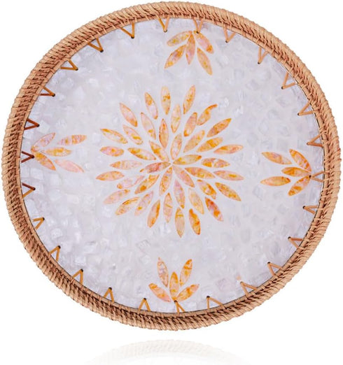 Nonam Shellac Rattan Tray with Mother of Pearl Inlay, Round Decorative Serving Tray