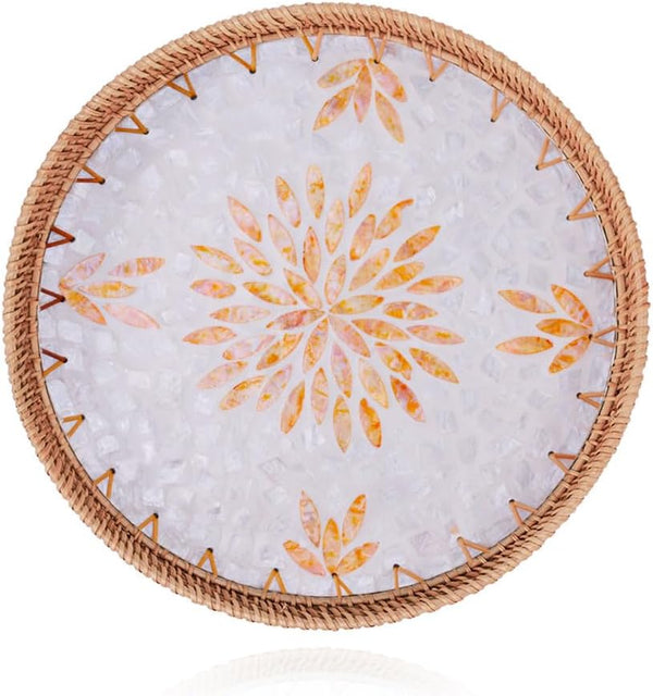 Nonam Shellac Rattan Tray with Mother of Pearl Inlay, Round Decorative Serving Tray