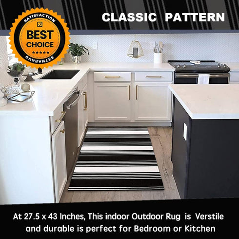 Black and White Striped Outdoor Rug, 27.5 x 43 Inches Hand-Woven Reversible Washable Rug for Porch/Front Door