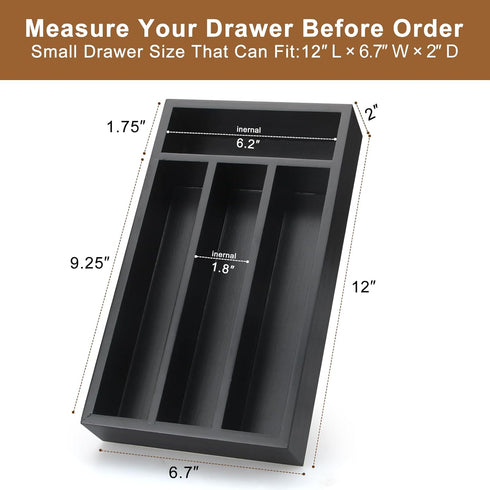 Narrow Wooden Cutlery Tray, Small 12" x 6.7" Utensil Organizer for Drawer Insert, Bamboo Silverware Tray, Black Wood