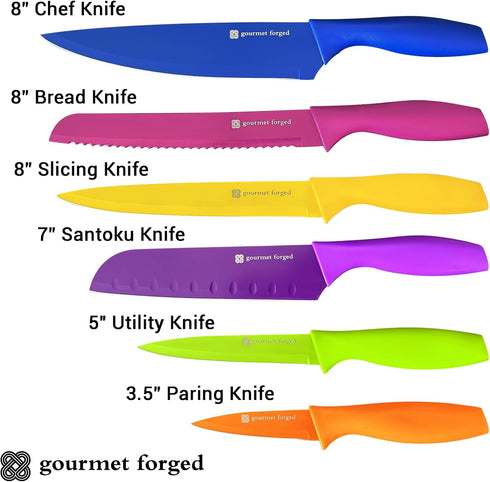 ColorSlice 12 Piece Color-Coded Kitchen Knife set 6 Non Stick Dishwasher Safe Knives w/Blade Guards/Sheaths Sharp Stainless Steel Anti Rust Coated Best Multicolor by Gourmet Forged