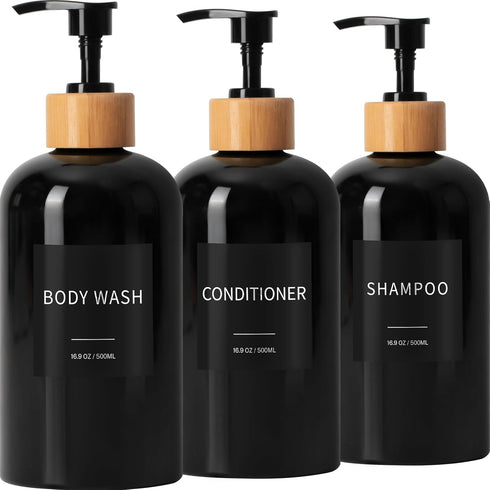 Shampoo and Conditioner Dispenser, Refillable Plastic Shampoo Pump Bottles with Waterproof Labels,