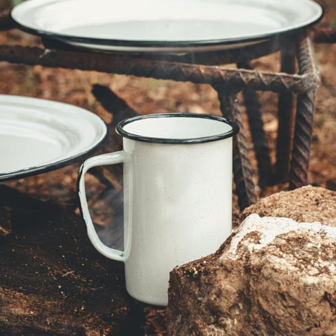 20 Oz Enameled Steel Mug Set of 6, Durable Indoor/Outdoor Use, Reusable & Stackable, Speckled White