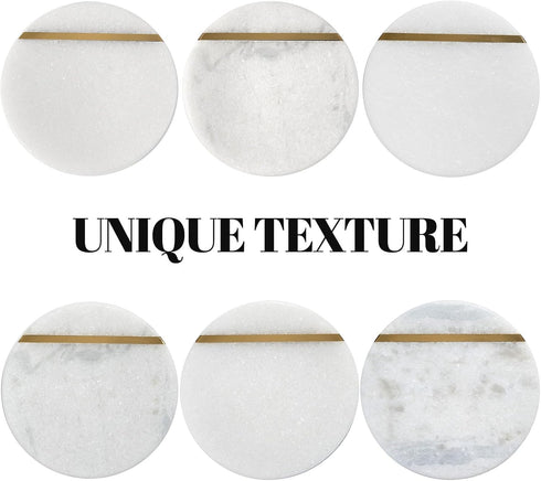Set 6 3.9" Inches Koville White Marble Coasters of for Coffee Table, Handmade Round Coaster, Luxury Aesthetic Marble