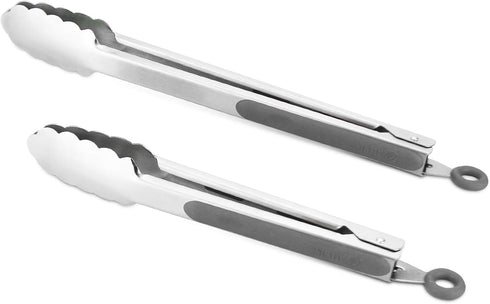 304 Stainless Steel Kitchen Cooking Tongs Set of 2, 9" and 12" Grilling Barbeque Locking Food Tongs, Grey