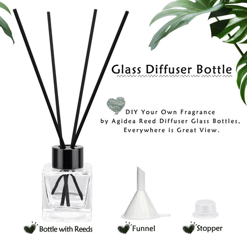 Agidea 4PCS 20pcs (50ML) Refillable Fragrance Glass Diffuser Bottles with Reeds Sticks & Black Caps & Funnel, Diffuser