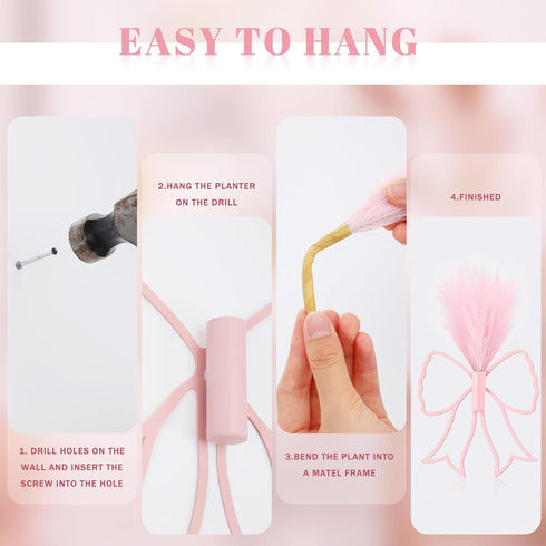 2 Weysat Pcs Pink Bow Wall Decor Boho Nursery Metal Decoration with Artificial Pampas Wall Art Hanging Planters