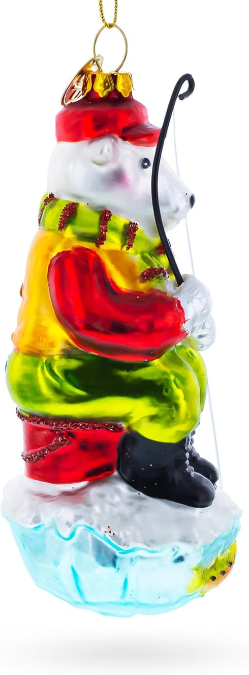 Polar Bear Ice Fishing Blown Glass Christmas Ornament