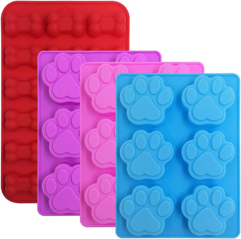 4 Pcs Silicone Candy Chocolate Molds, FineGood Puppy Dog Paw & Bone Shaped Ice Cube Trays, Red, Blue, Purple, Pink