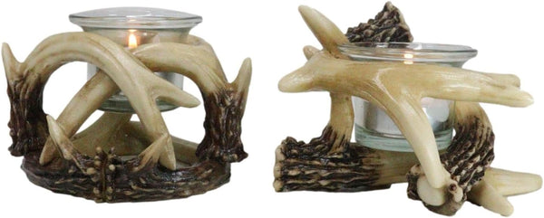 Ebros Set of 2 Wildlife Rustic Buck Elk Deer Stag Antler Votive Candle Holder Accent Figurines, 5" Wide Decorative