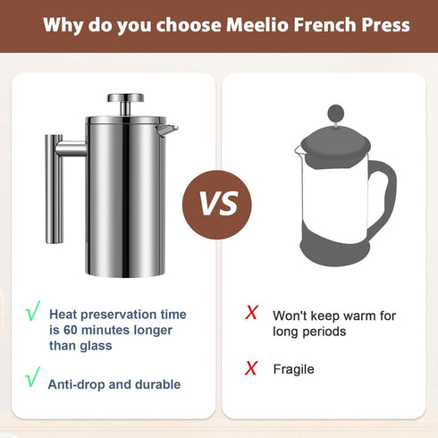 Small French Press Coffee Maker, Double-Wall Insulated, Stainless Steel, 350ML, 12 OZ, Includes 2 Extra Filters