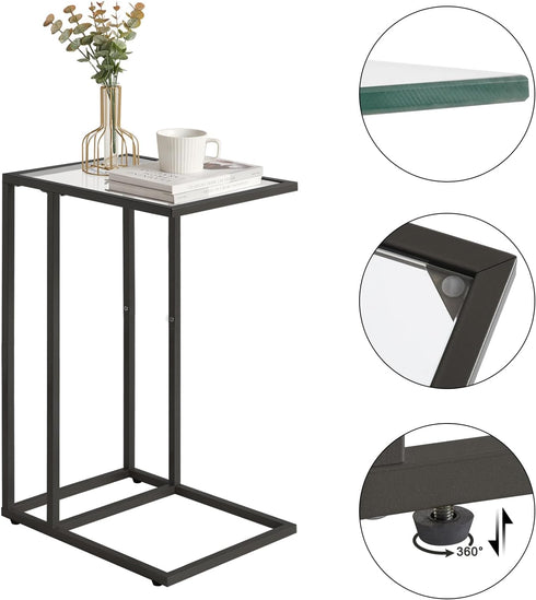 UHGD001B YMYNY C-Shaped End Table, Tempered Glass Sofa Side Table, TV Tray CouchTable That Slide Under for Small Space