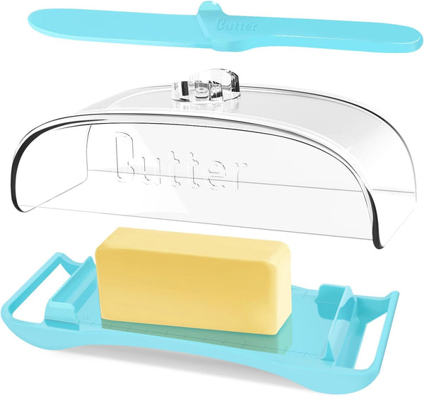 Butter Dish with Lid and Knife, Plastic Butter Keeper for Countertop, BPA-Free, Easy Scoop, Dishwasher Safe, Blue