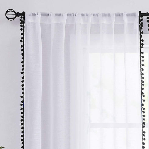 Treatmentex 2 Panels White Sheer Curtains with Black Pompoms, 63" Long Window Draperies for Boy's Room