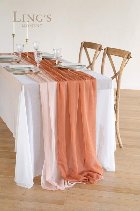 Ling's Moment Terracotta & Nude Pink Silky Crinkle Chiffon Table Runner 30" x 120" (Set of 2) Burnt Orange for Wedding