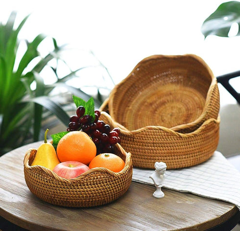 Handmade Rattan Round Fruit Basket, Food Storage Bowls Kitchen Organizer Snack Serving Bowl (Small 8.7", Boho Home