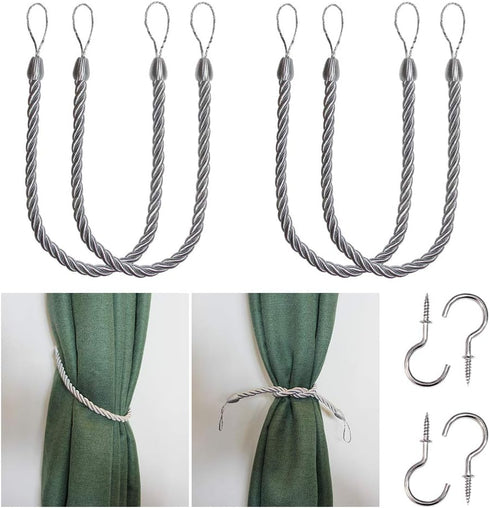 BEL AVENIR Curtain Rope Tiebacks, Drapery Holdbacks with 4 Metal Screw Hooks, 2 Pair - Silver