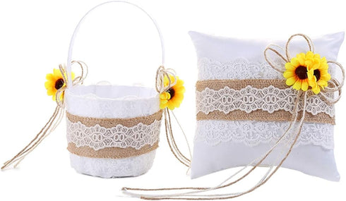 TRUE LOVE GIFT Sunflower Decor - Burlap Lace Ring Bearer Pillow and Wedding Flower Girl Basket Set