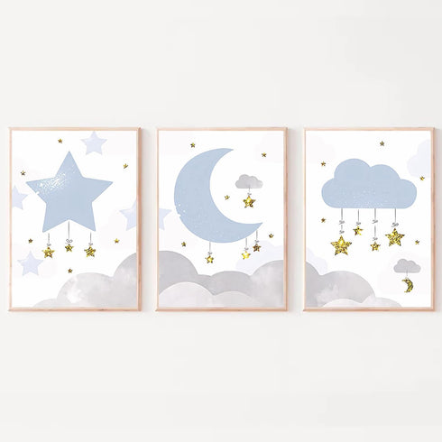 LUHDFYS Cartoon Moon and Stars Canvas Wall Art Print,Scandinavian Style Nursery Decor Poster,Blue