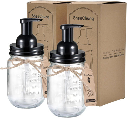 SheeChung Mason Jar Foaming Soap Dispenser, Rustproof Stainless Steel Lid & Pump, Glass for Bathroom Kitchen (2 pk)