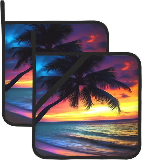 Potholders, Sunset Coconut Palm Tree on Beach, Blue Ocean Baking Pot Holder, 2-Piece Set