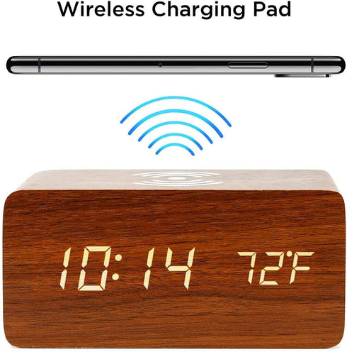 OCT17 Alarm Clock with Qi Wireless Charging Pad Compatible with iPhone Samsung, Brown Wood LED Digital Clock with Sound