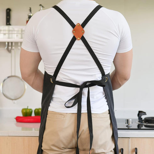 Chef Apron Canvas for Men, Work Apron with Large Pockets - 16oz Heavy Duty Cross Back, BBQ, Cooking