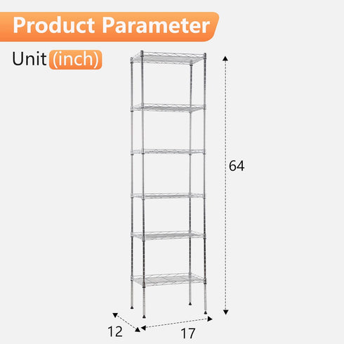 FDW 6 Tier Wire Shelving 17L x 12W x 64H, Adjustable Metal Shelves for Kitchen, Garage, Chrome