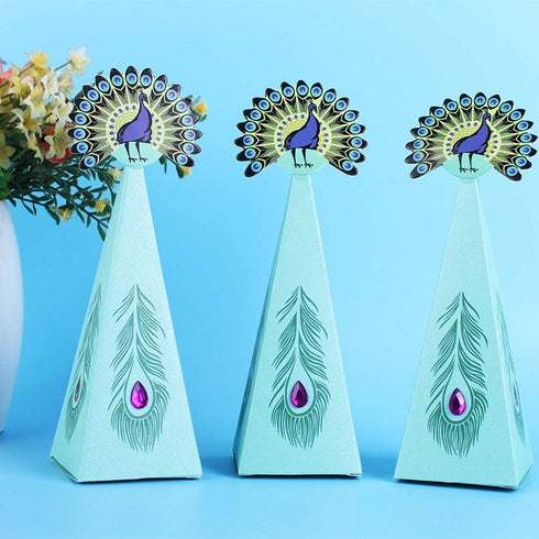 JKJF 20 Pcs Peacock Candy Boxes, Triangle Shape Party Supplies for Wedding, Kids Birthday Decorations