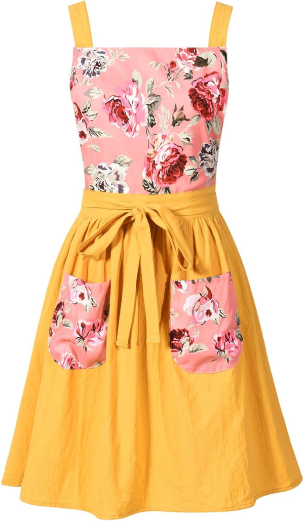 Vintage Floral Pinafore Apron Dress for Women - Cute Chef Aprons for Kitchen Cooking, Baking, Gardening