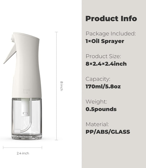 Zuutii Oil Sprayer for Cooking, 170ml Olive Oil Spray Bottle for Salad, BBQ, and Baking