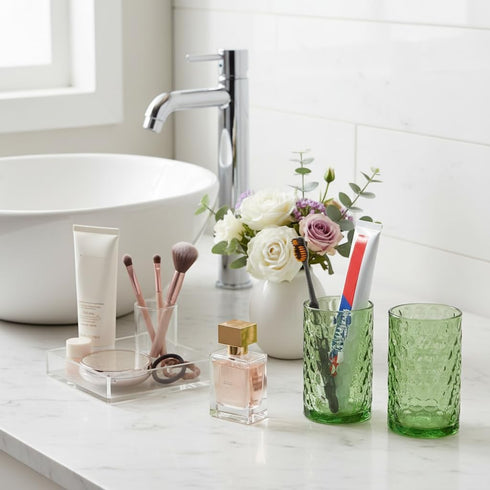 Tonxus Set, 11oz Set, Countertop Bathroom Toothbrush Holder Green Glass Toothbrush Holder and Bathroom Tumbler Cup