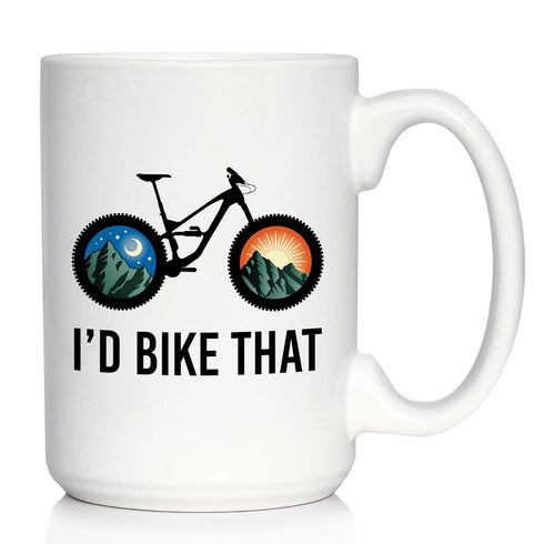 I'd Bike That Coffee Mug, Bicycle Themed Decor and Gifts for Mountain Bikers, Large 15oz White Ceramic Mug