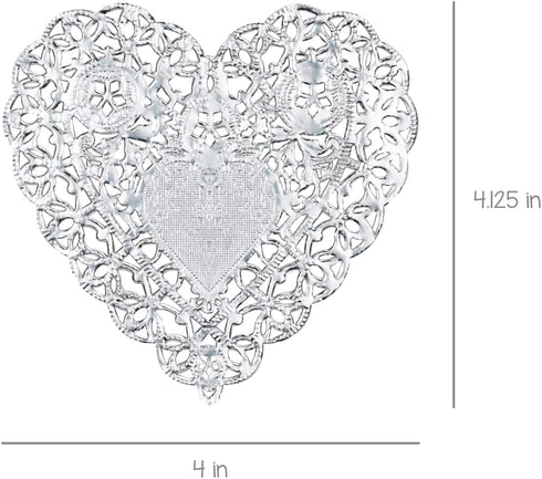 Hygloss Heart Doilies - 12 Pcs, 4-Inch Silver Foil Paper Heart Shaped Doilies for Valentine Crafts