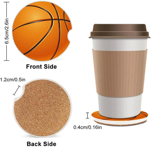Basketball Car Coasters, 2 Pieces Absorbent Ceramic Cup Holders with Finger Notch for Women Men 2.56"