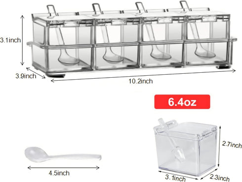 KNC Transparent Seasoning Rack Spice Pots, Storage Container Condiment Jars, 4 Piece Acrylic Seasoning Box with Cover and Spoon, Spice Rack Organizer for Kitchen, Counter, Food Storage