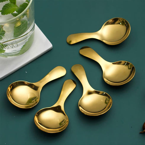 Short Handle Spoons Set of 6, Stainless Steel Mini Salt Spoons for Condiments, Dessert, Tea, Coffee, Cake, Sugar, Stirring Spoon Coffeeware Teaspoon - 3.5 Inches (Gold)