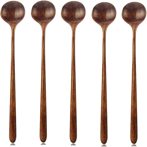 Long Wooden Spoons, 5 Pieces Korean Style 10.9 inches, 100% Natural Wood for Soup Mixing Kitchen Tools