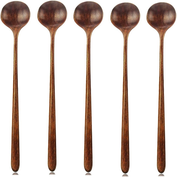 Long Wooden Spoons, 5 Pieces Korean Style 10.9 inches, 100% Natural Wood for Soup Mixing Kitchen Tools