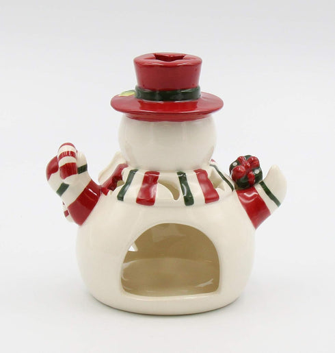 Fine Ceramic Snowman Tea Light Candle Holder Wearing Scarf, 5-1/2" H