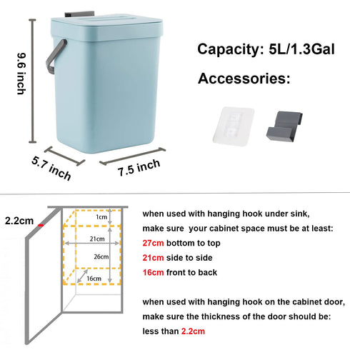 LALASTAR Small Trash Can with Lid, Indoor Kitchen Compost Bin for Countertop, 5L/1.3 Gal, Blue