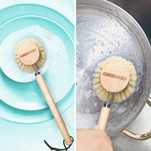 3 Pack AMERWASH PLUS Dish Brush with Wooden Handle, Natural Kitchen Brush for Dishes Vegetable, Pots and Pans, Tampico