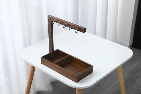 Wood Entryway Tabletop Key Holder Rack, Rustic Burnt Decorative Organizer with Storage Tray and Brass Tone Hooks