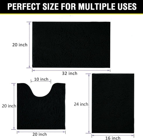 Black Bathroom Rug Chenille 3-Piece Set, Extra Soft and Absorbent Shag Bathroom Mats