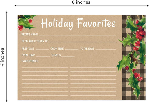 Kraft Look Holiday Favorites Recipe Cards / 50 Rustic Faux Kraft Christmas Cards / 4" x 6" Double Sided