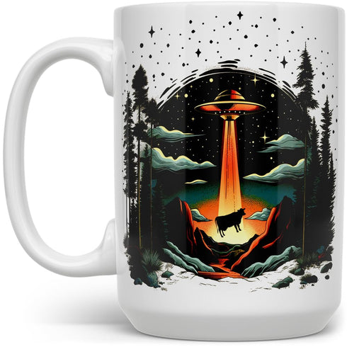 UFO Alien Cow Abduction Coffee Mug, Funny Paranormal Gifts, 15oz