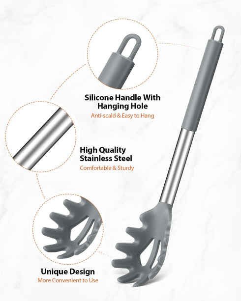 3 Pack Set Silicone Spaghetti Spoon & Pasta Tong With Pasta Measurer, of Non-Stick Stainless Steel Handle Pasta Fork