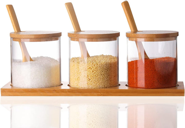 Lawei Set of 3 Condiment Jar with Lids and Spoons - Glass