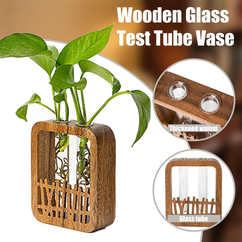 2 Walnut Wood Terrarium Planter - Glass Test Tube Vase & Boho Plant Stand for Hydroponics, Home Office Desk Decor