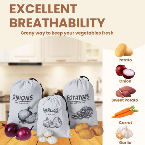Potato Onion Garlic Storage Bag, Reusable Vegetable Storage Bags with Drawstring Closure, 3 Packs (Potato Onion Garlic